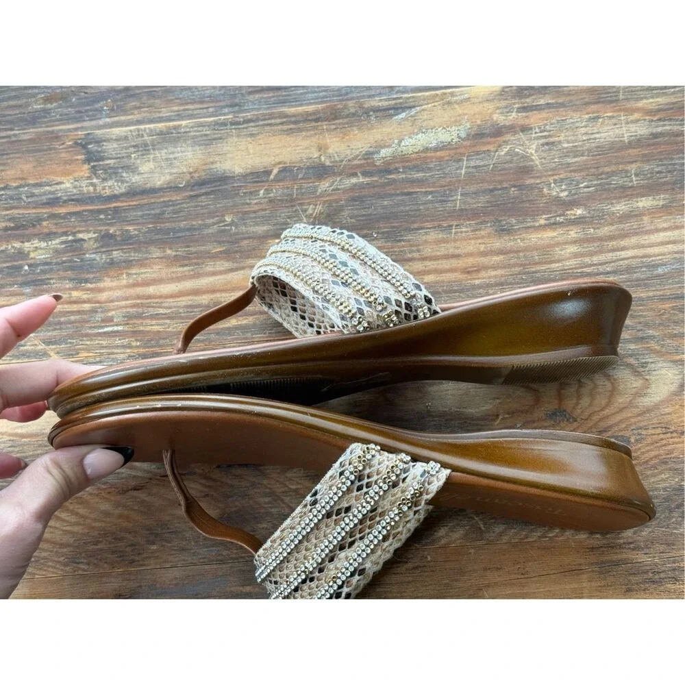 Toscanella Italy Womens 8 Brown Snakeskin Rhinestone Low Wedge Thong Sandals